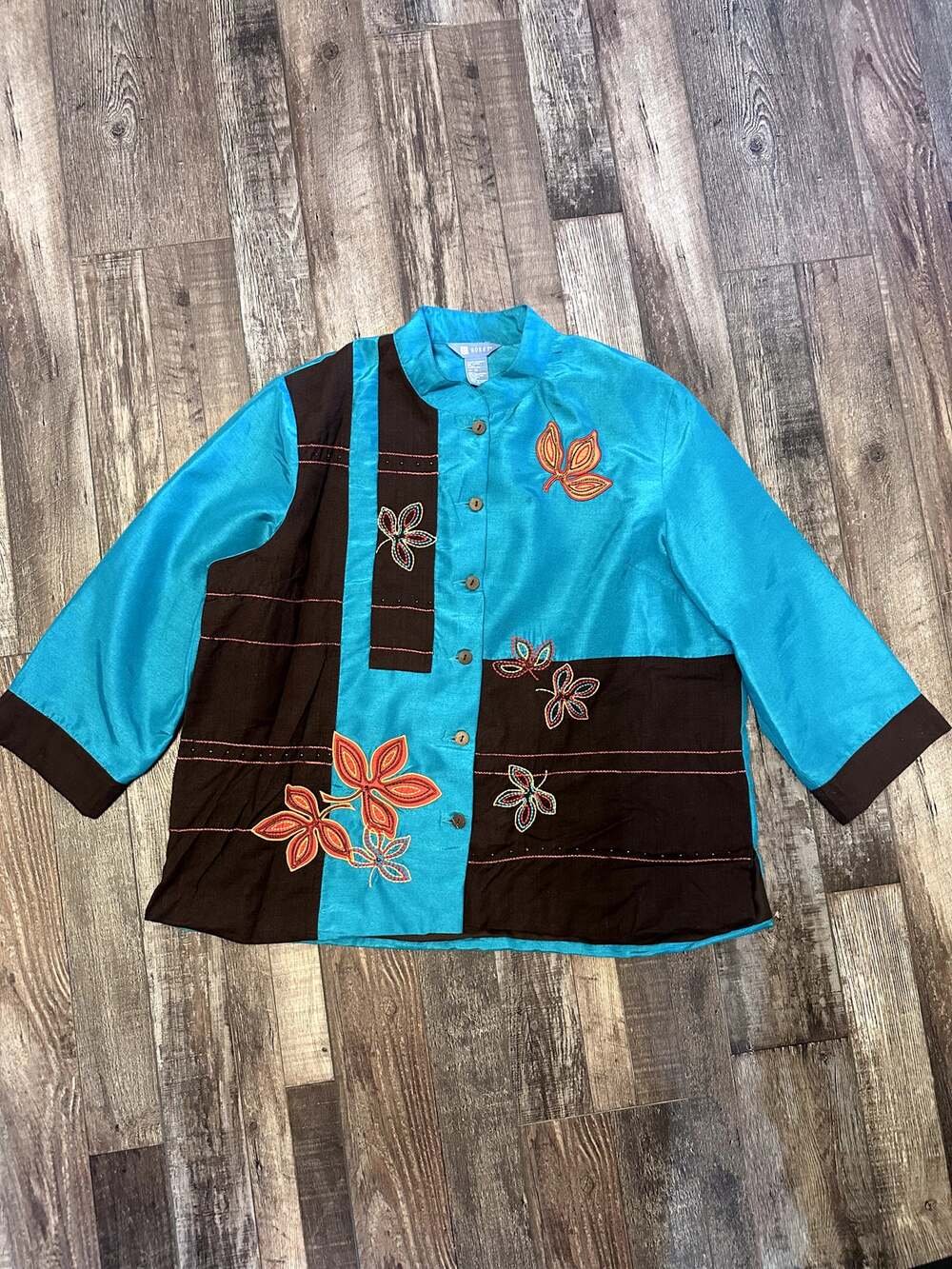 Koret XL Turquoise Brown Embroidered Patchwork Jacket Boho Artsy